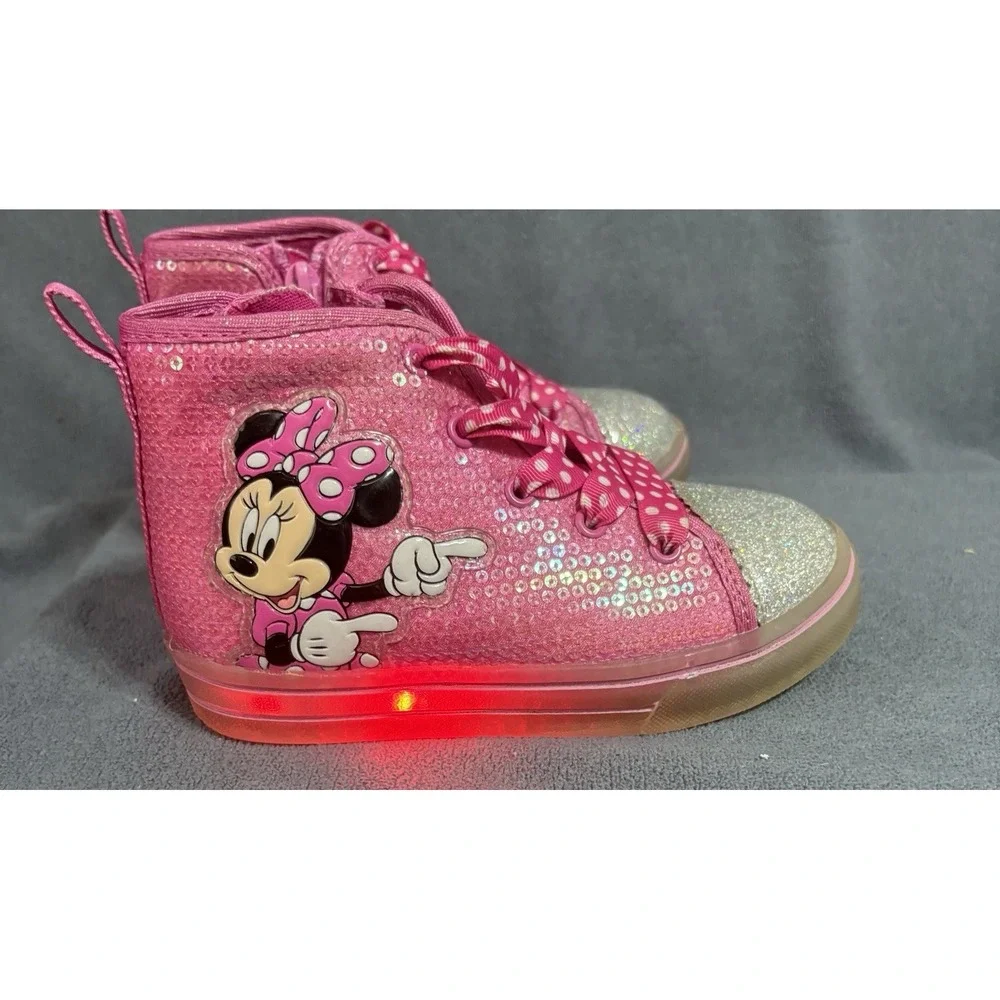 Disney Minnie Mouse High Top Light Up Size 9 Toddler  Zip Lace Up Sequin Pink